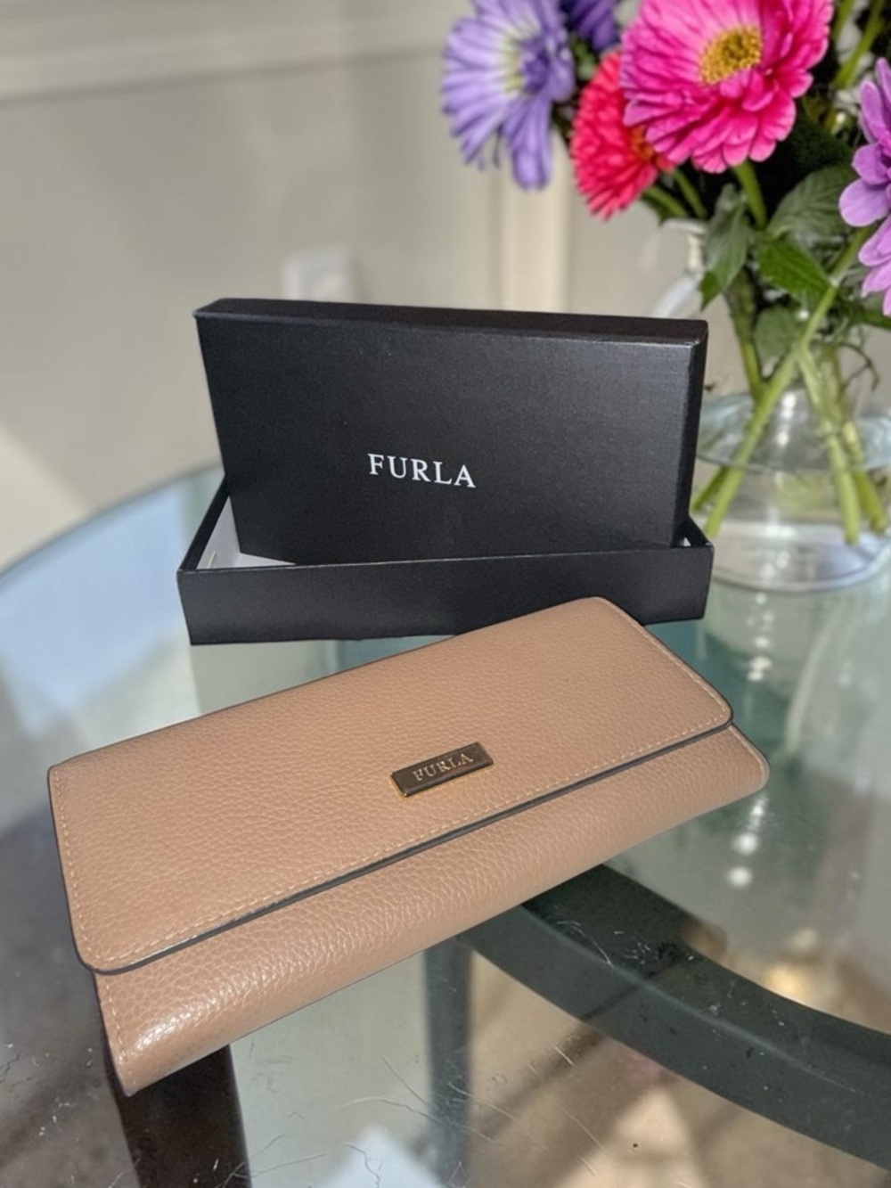 Furla Camel colored Pebbled Leather Wallet EUC w/ Box AND dustbag